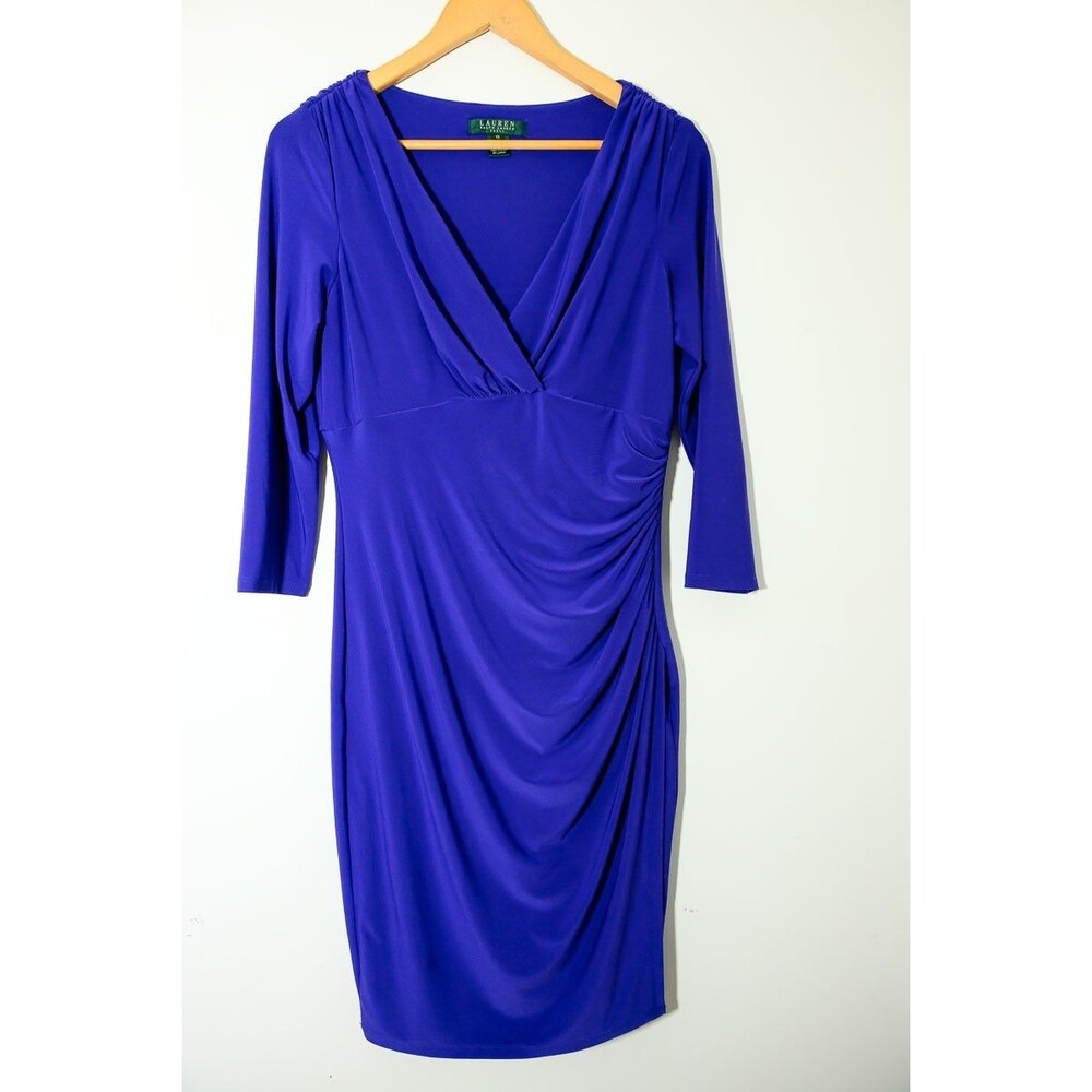 Lauren Ralph Lauren Dress 10 Blue Purple  Event Cocktail ruched midi long sleeve
